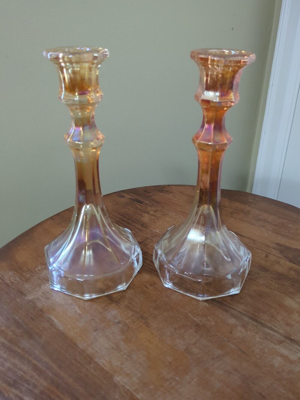 Imperial Glass Rubigold Marigold Carnival Delta Base Pair Of Candlesticks #419